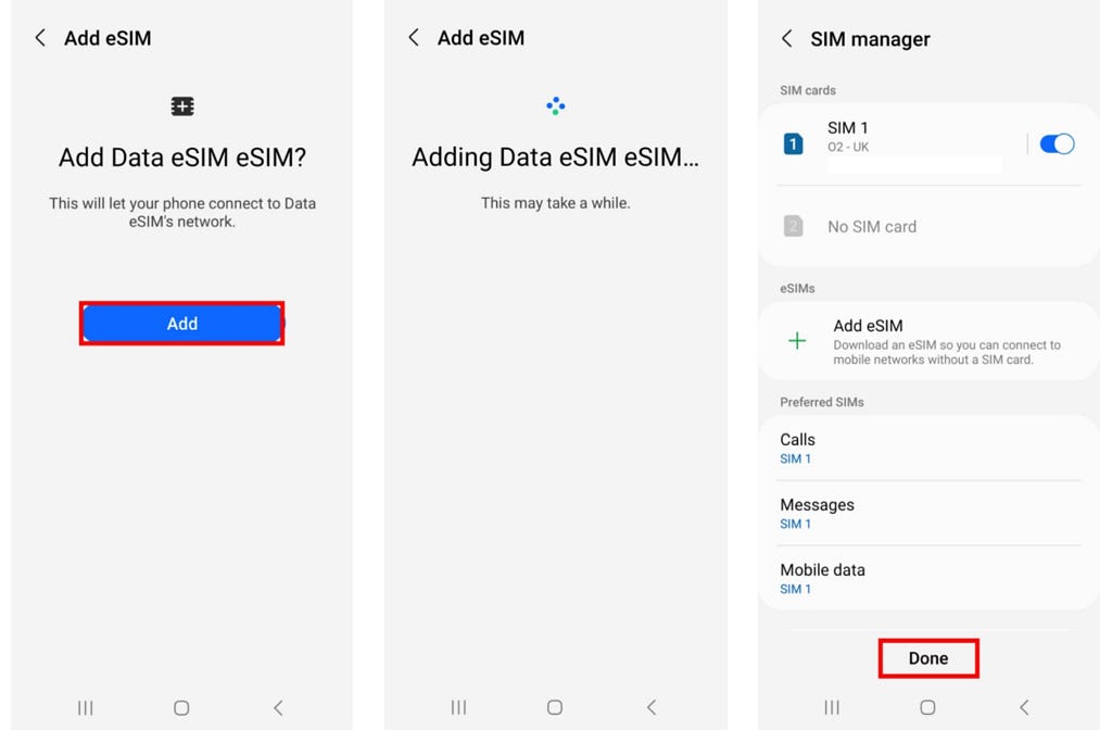 Android Add Data eSIM screen
