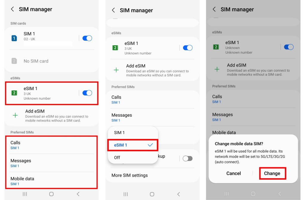 Android SIM manager: turn on eSIM and switch mobile data