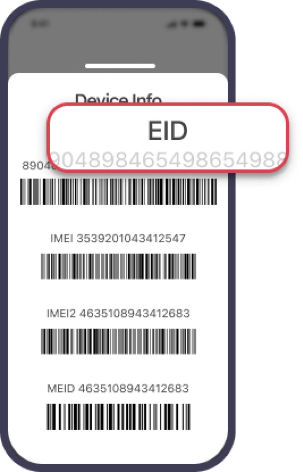 Device information popup showing EID