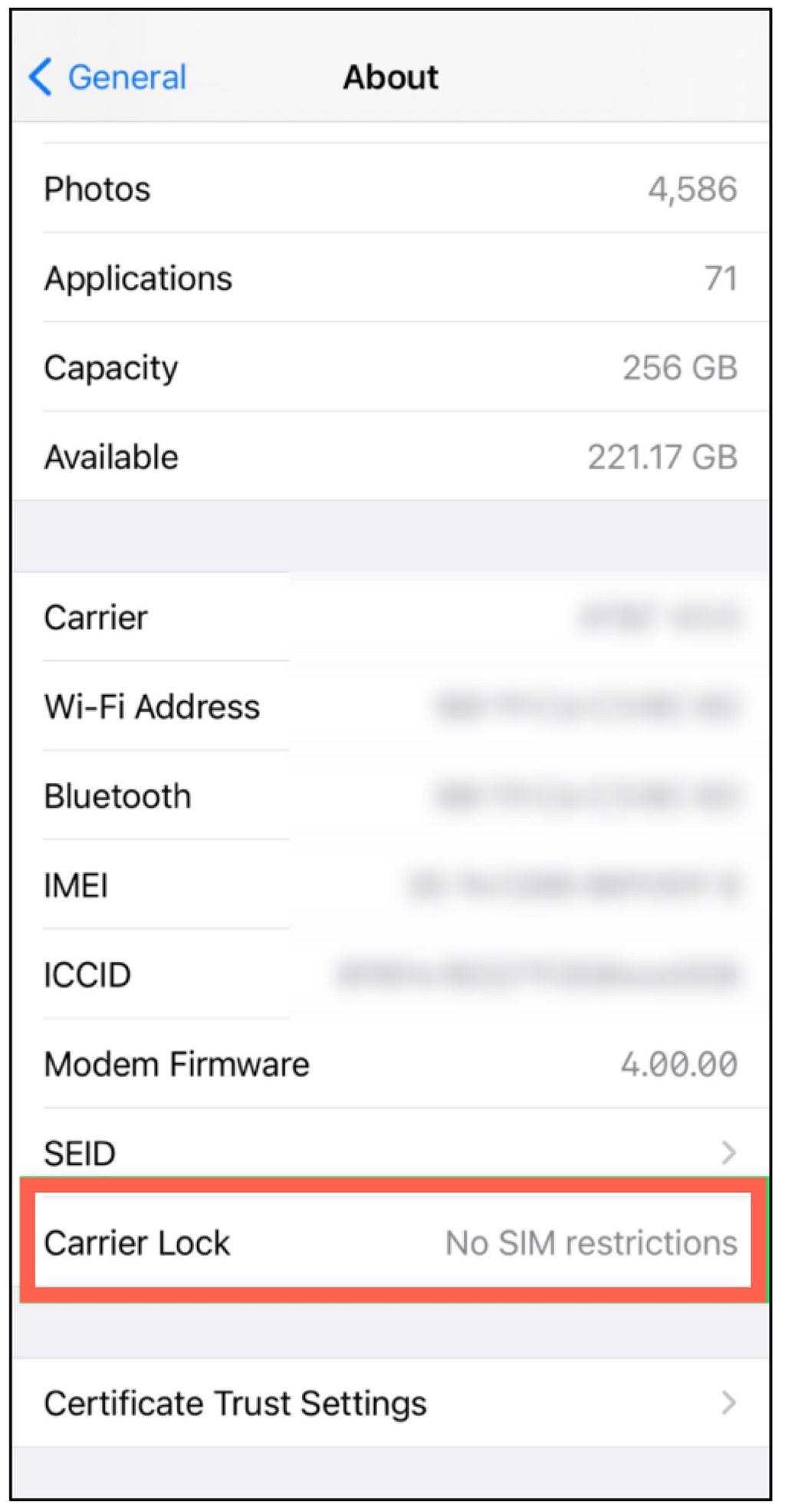 iPhone About screen showing Carrier Lock: No SIM restrictions