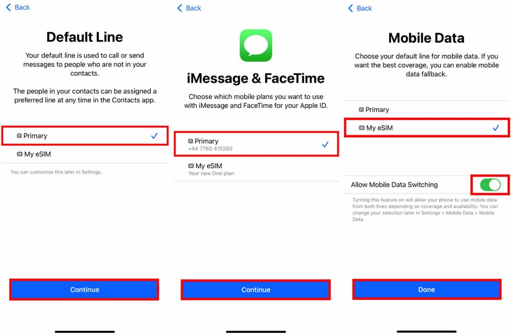 iOS Default Line, iMessage & FaceTime and Mobile Data screens