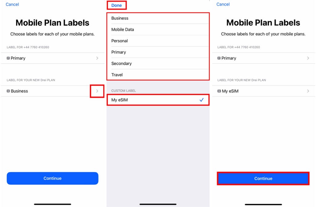 iOS Mobile Plan Labels screens