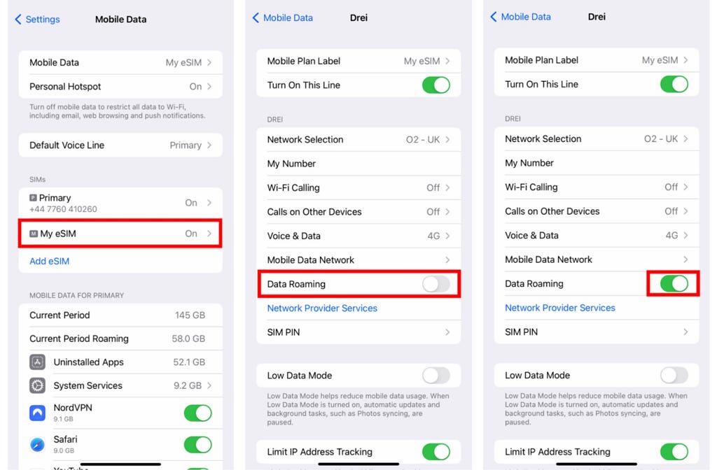 iOS Cellular settings: turn on line and data roaming